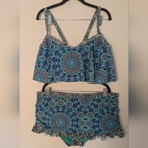 Jessica Simpson 2X Moss Multi Swim Set Tankini Top & Skirted Bottom Turquoise